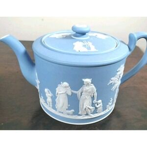 Antique Wedgwood Pale Blue Jasperware Teapot with Lid Classical Relief Motifs